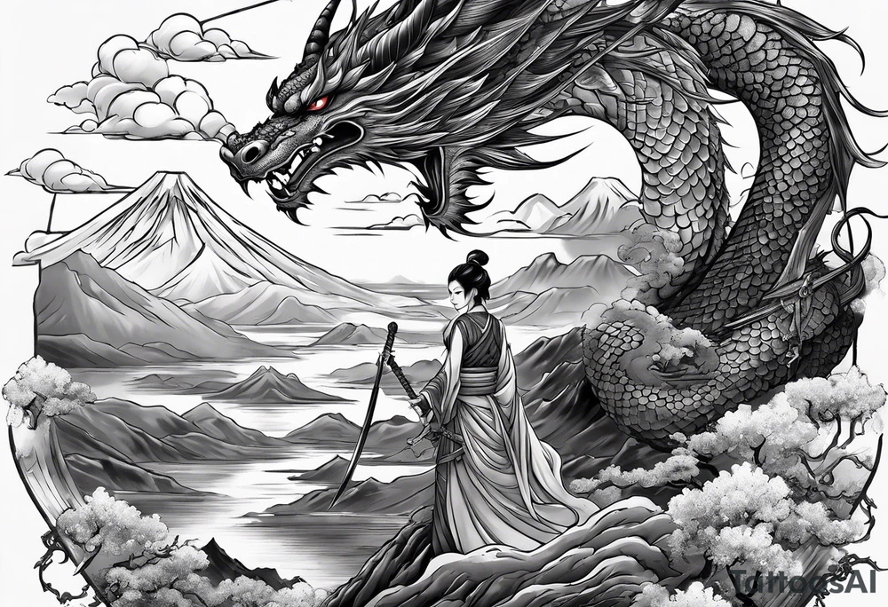beautiful warrior fairy holding a sword and a full dragon and the background will be mountains, clouds, and a Japanese building tattoo idea