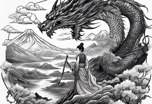 beautiful warrior fairy holding a sword and a full dragon and the background will be mountains, clouds, and a Japanese building tattoo idea