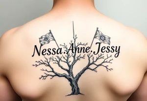 the name Nessa, Anne, Jessy as flags on a live tree tattoo idea
