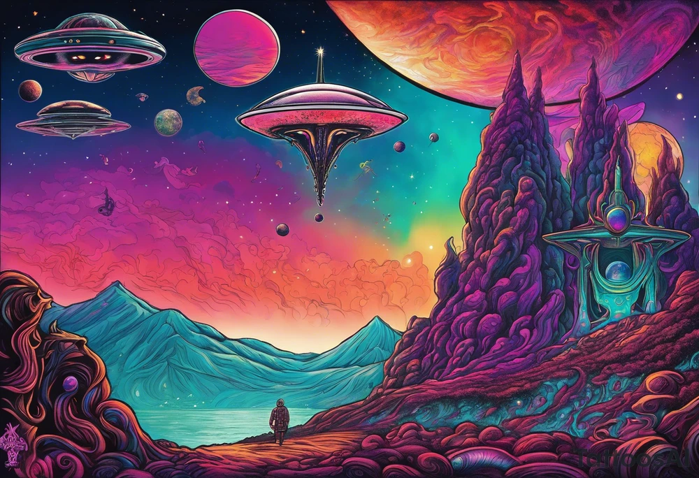 Full Back, synthwave, colossal Alien entities and space stuff, small human on The foreground in awe of The sheer scale of The infinite universe, More absurdist Aliens, Cthulhu-esque Alien pope, More spaceships tattoo idea