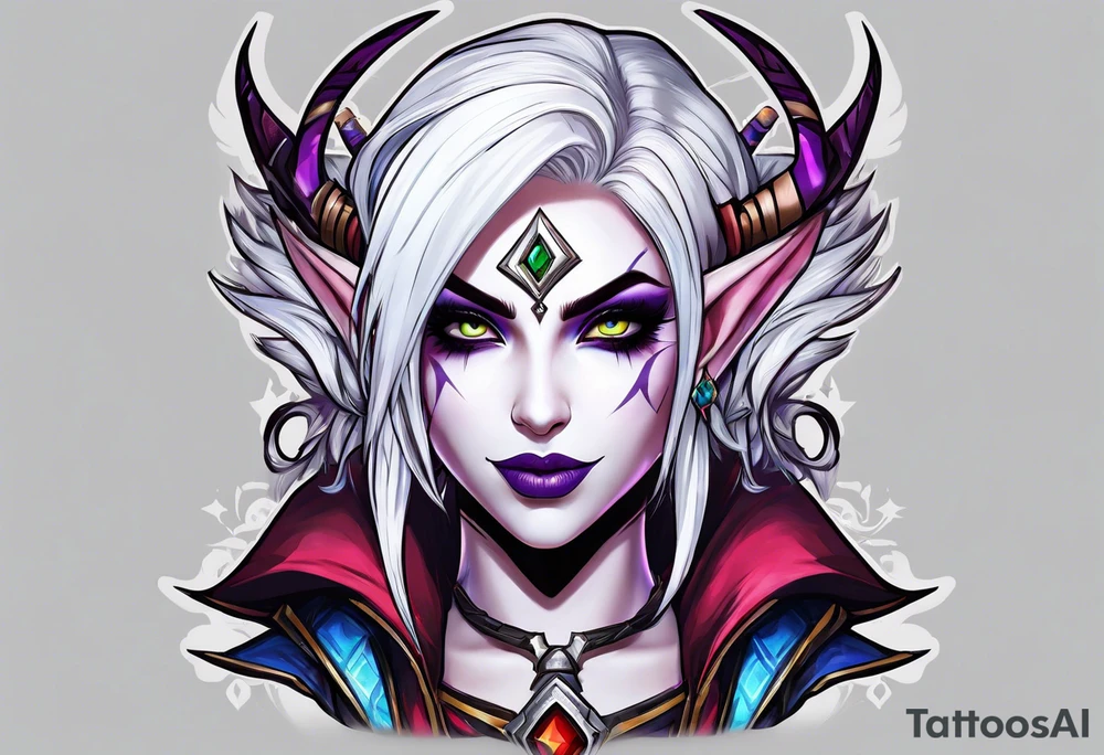 night elf from world of warcraft designed like harley quin with white hair tattoo idea