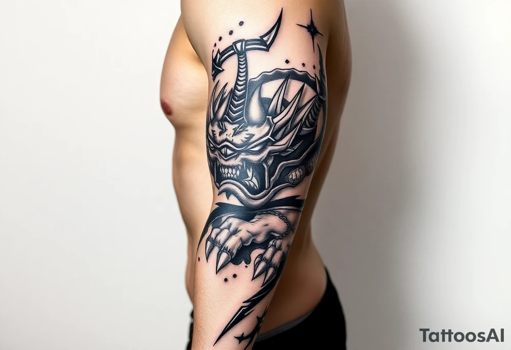 Full leg tattoo with jujutsu, Kaisen, solo leveling and demon slayer ideas tattoo idea