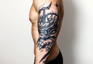 Full leg tattoo with jujutsu, Kaisen, solo leveling and demon slayer ideas tattoo idea