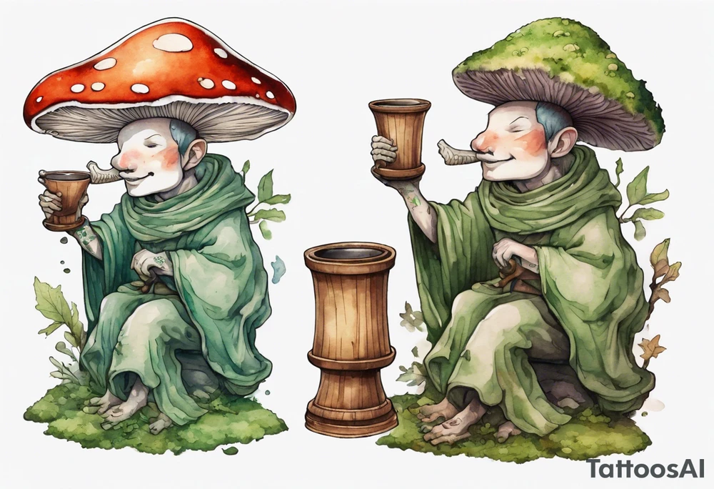 a mushroom person with a smiling moss face wearing a medieval tunic drinking from a wood cup tattoo idea