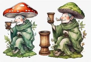 a mushroom person with a smiling moss face wearing a medieval tunic drinking from a wood cup tattoo idea