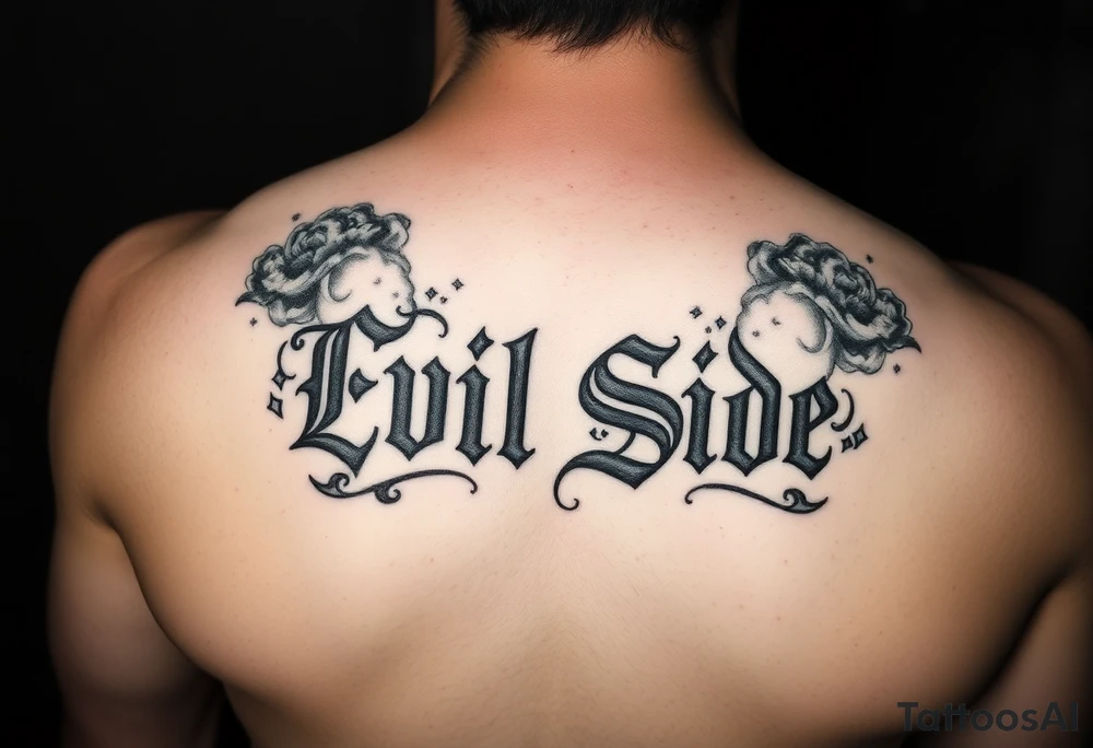 powerful bold saying Evil Side black and white with shading and clouds around it tattoo idea