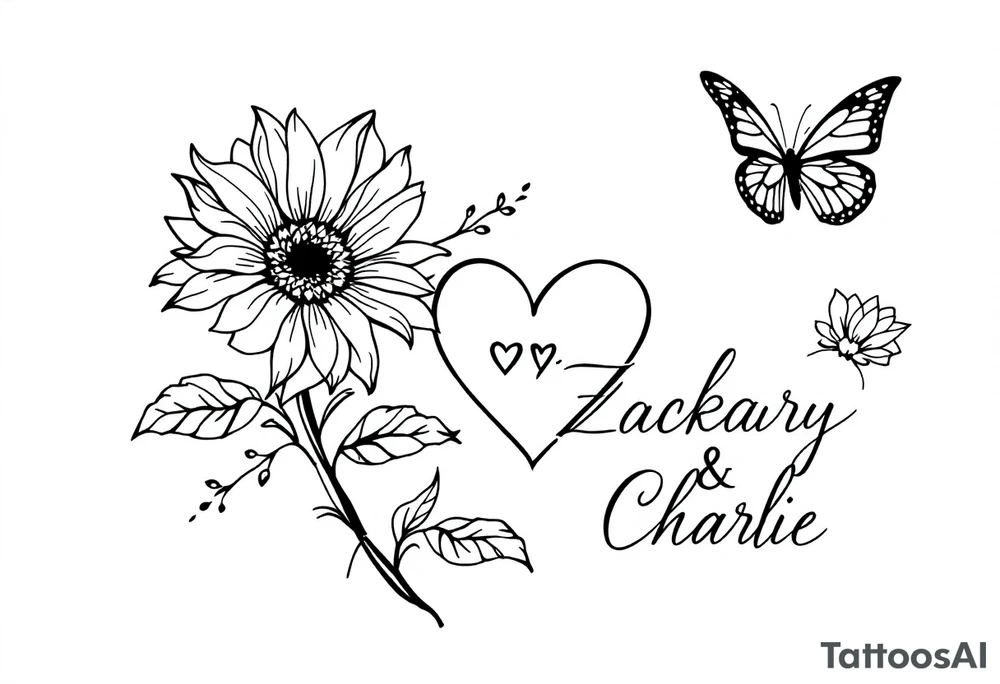 Sunflowers, heart and butterfly with name Zackary and Charlie tattoo idea