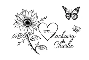 Sunflowers, heart and butterfly with name Zackary and Charlie tattoo idea