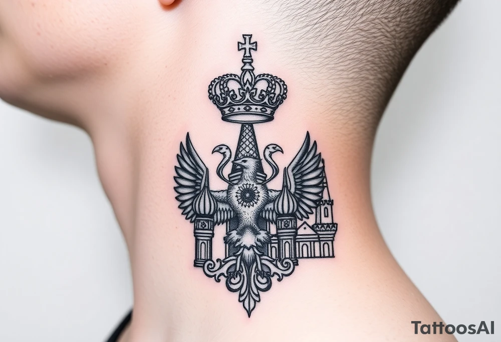 St. George 
3 russian imperial crowns above the Russian coat of arms double eagle
Russian sabre
The Kremlin or St. Basil's Cathedral scene 
on the side of my neck tattoo idea