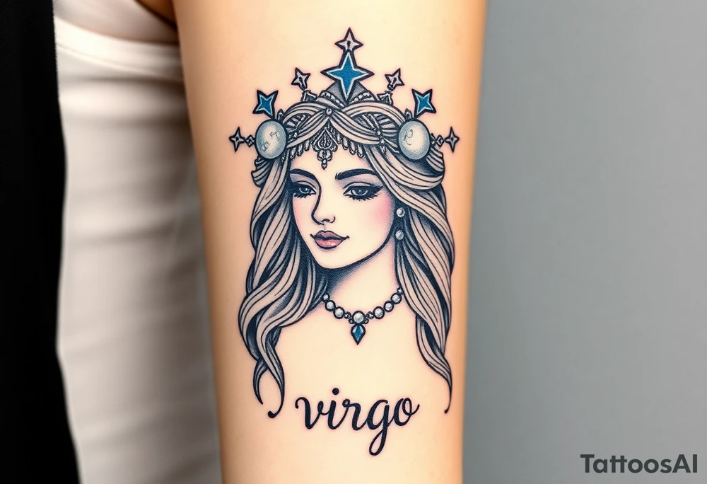 A regal Virgo queen with an intricate celestial headdress, adorned with silver moons, deep blue stars, and delicate pearls and the word virgo tattoo idea