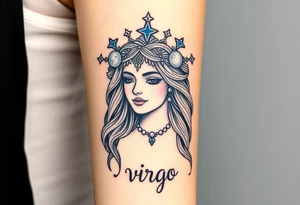 A regal Virgo queen with an intricate celestial headdress, adorned with silver moons, deep blue stars, and delicate pearls and the word virgo tattoo idea