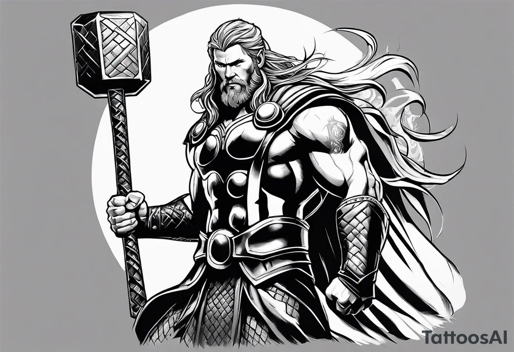 Thor mit Hammer in der Hand kämpft gegen riesige Schange tattoo idea