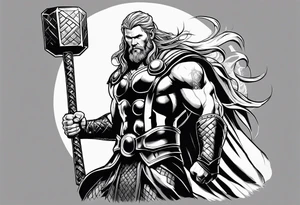 Thor mit Hammer in der Hand kämpft gegen riesige Schange tattoo idea