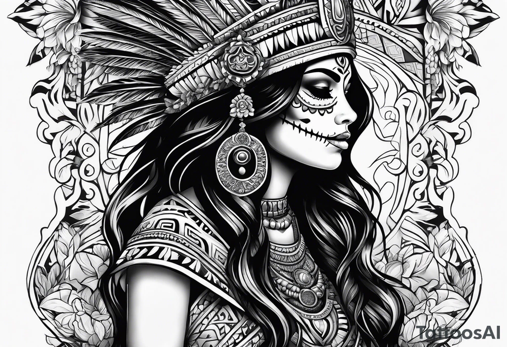 Aztec princess side profile day of the dead tattoo idea