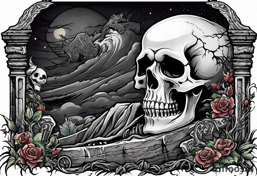 Skeleton crawling out of grave. 
MIW Reincarnate written on gravestone tattoo idea