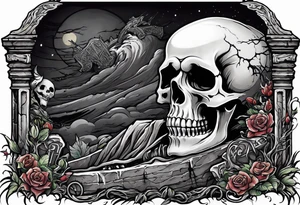 Skeleton crawling out of grave. 
MIW Reincarnate written on gravestone tattoo idea
