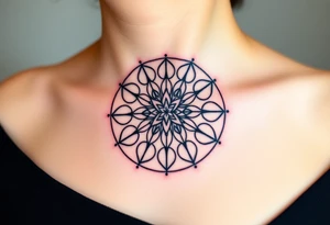 A symmetrical Flower of Life with hexagonal crystal and geometrical details in round cyrcle, enhancing its sacred geometric nature. tattoo idea