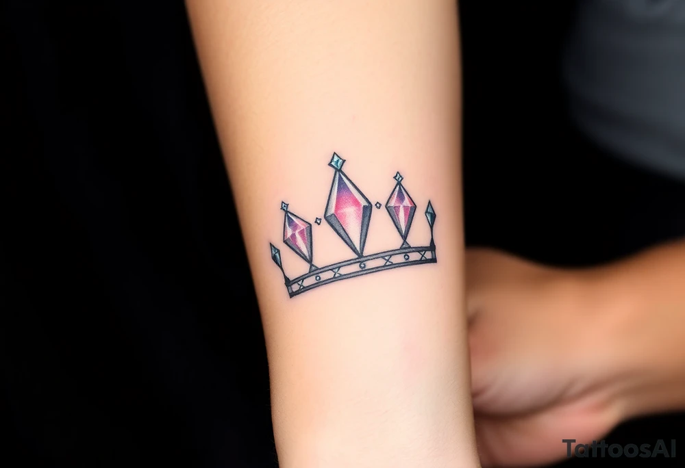A crown with diamond details on the points, set against a dark velvet background, with the diamonds reflecting soft pastel hues of pink and purple, symbolizing royalty and luxury tattoo idea