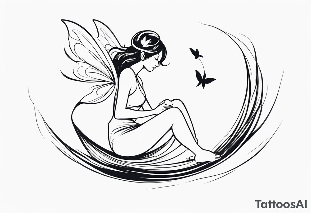 Minimalistic, monochromatic fairy with a tail flying to the left in a fetal position, leaning and looking in the same direction, with visible hands, embodying the 'Fairy Tail' logo aesthetic. tattoo idea