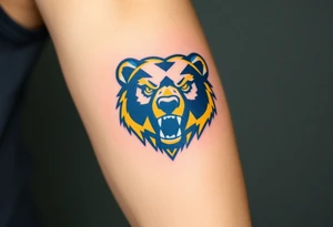 University of Northern Colorado bear mascot  head with Navy blue and yellow with UNC tagged Above head tattoo idea