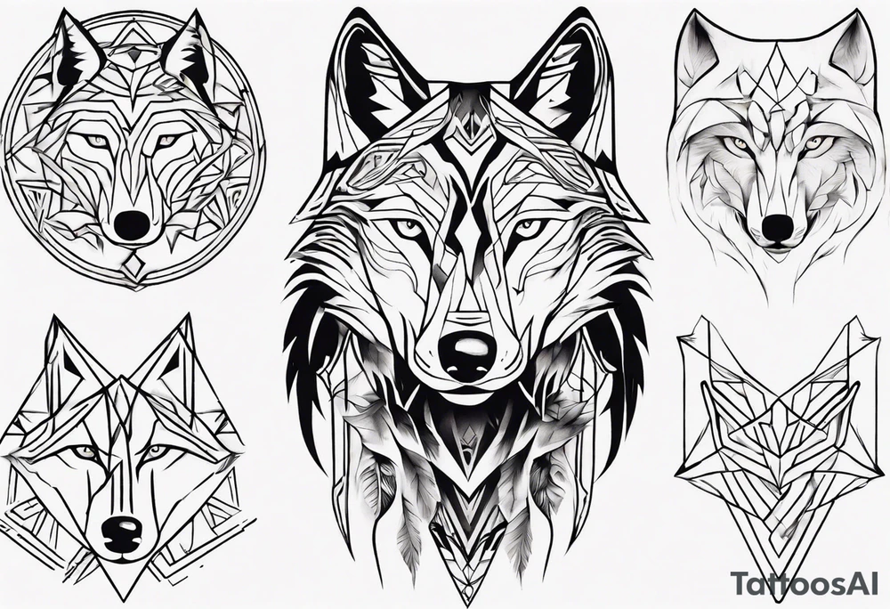 Wolf's face with geometric patterns flowing from it along with impressions of trees, a forest tattoo idea