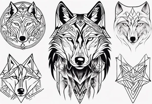 Wolf's face with geometric patterns flowing from it along with impressions of trees, a forest tattoo idea
