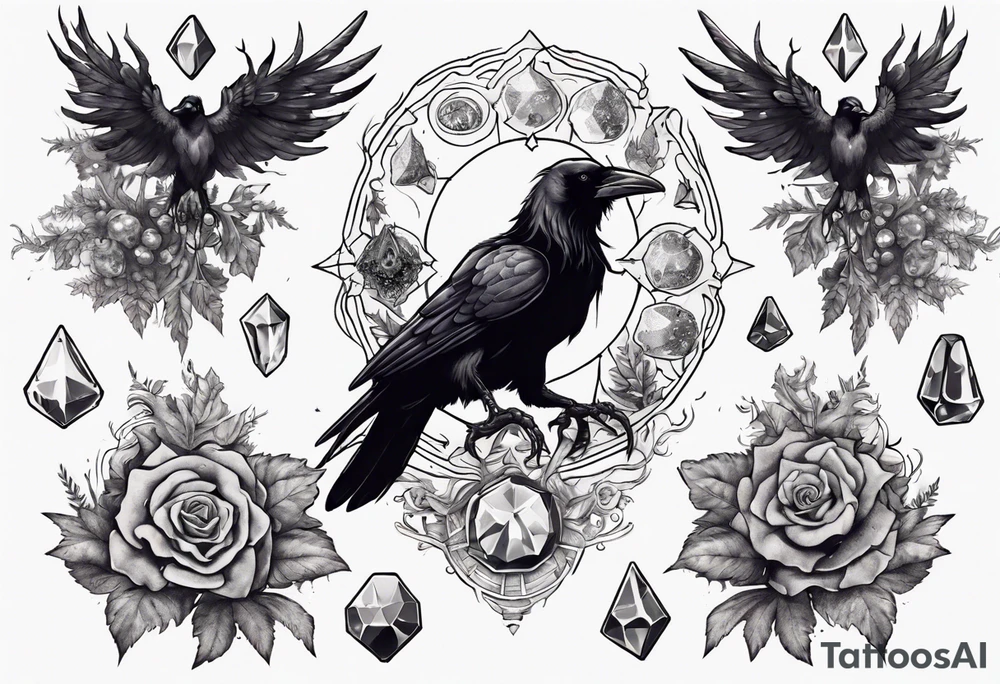 Demon Raven surrounded gems poisonous plants and astrology. tattoo idea