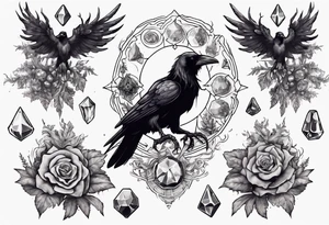 Demon Raven surrounded gems poisonous plants and astrology. tattoo idea