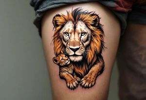 A lion and cub in sepia tones, symbolizing protection and legacy, with son´s name Richard. tattoo idea