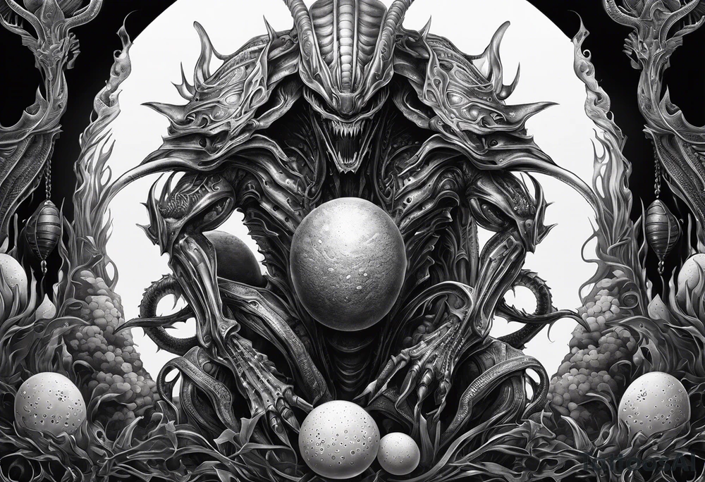 Full body Xenomorph queen guarding ovomorph eggs tattoo idea