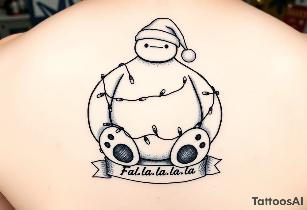 Disney Christmas themed sitting Baymax  wrapped up in Christmas lights and Santa hat with banner at bottom with "Fa-la-la-la-la" in writing. Make arms longer to hide behind feet. Black and white other than lights and hat. tattoo idea