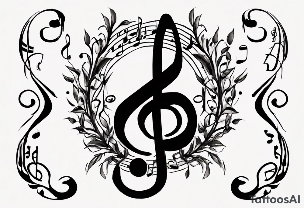 Using a bass clef music staff in the key of Bb, place the notes Bb A Bb Eb in one measure, then F A F in the next. Place a Coda symbol next to the end of the bar of music.
Place the whole peace inside a wreath tattoo idea