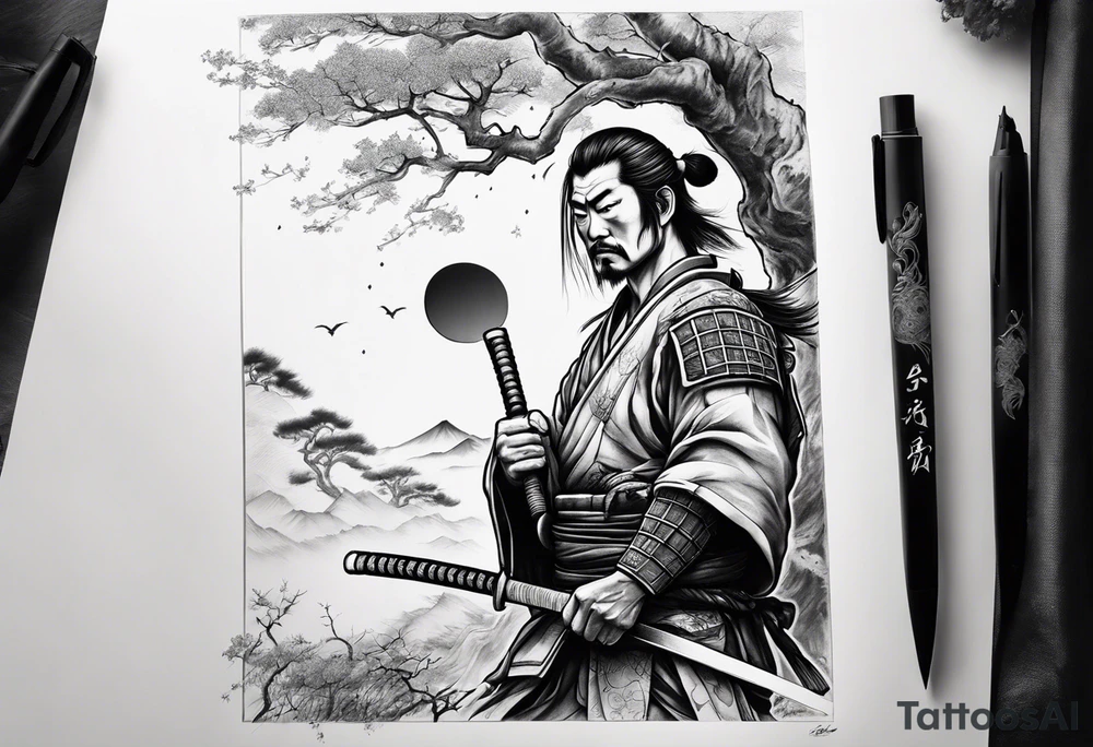 samurai with quarter moon and dead tree in the background tattoo idea