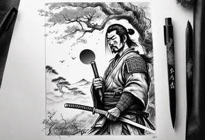 samurai with quarter moon and dead tree in the background tattoo idea