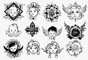 tattoo with names of kids, the names are Chris André, he is a boy and he is born 23. April 2016, and the other kid is named Emilie, she is a girl and is born 27. march 2021. tattoo idea