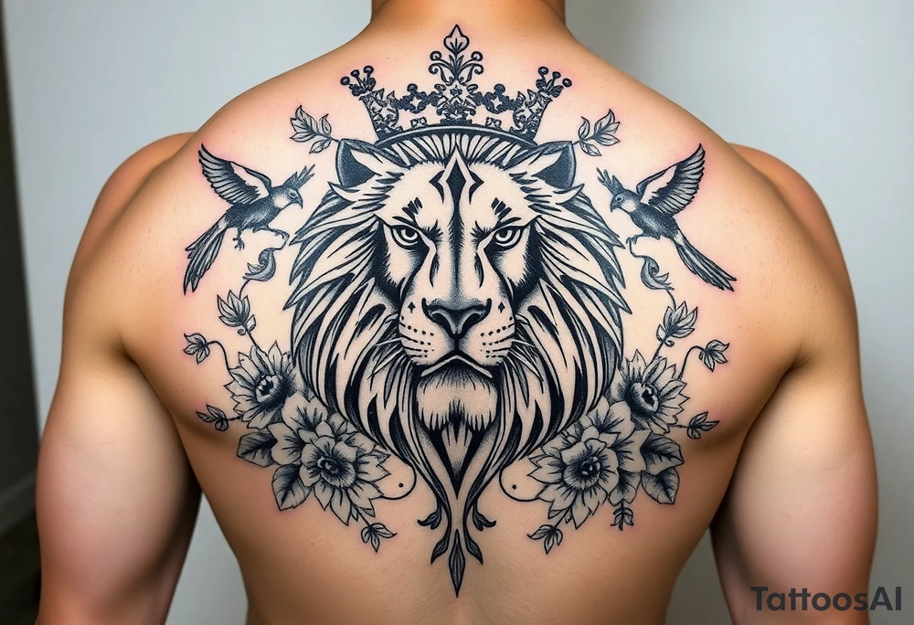 powerful majestic lion with a crown, surrounded by floral ornaments and birds tattoo idea