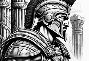 Side profile of spartan soilder with ancient pillars in foreground tattoo idea