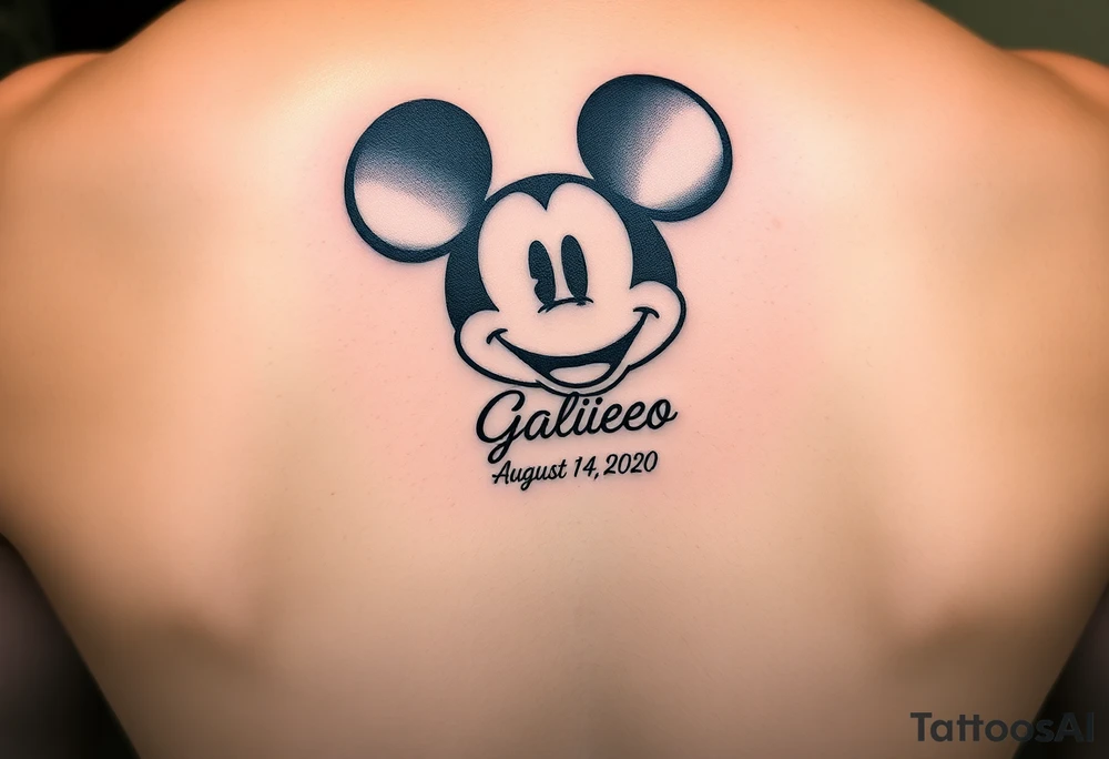 mickey mouse symbol with the name Galileo and the date August 14,2020, incorporated tattoo idea