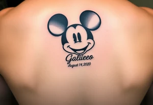 mickey mouse symbol with the name Galileo and the date August 14,2020, incorporated tattoo idea