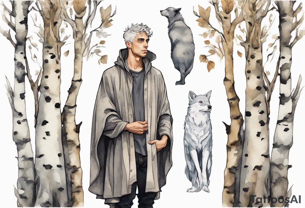 a solitary medieval thoughtful Tan France wearing a grey cloak standing in a birch forest tattoo idea