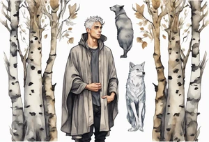 a solitary medieval thoughtful Tan France wearing a grey cloak standing in a birch forest tattoo idea