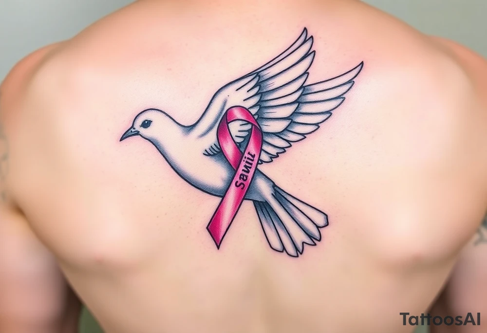 A dove carrying a breast cancer ribbon with the name Samia. tattoo idea