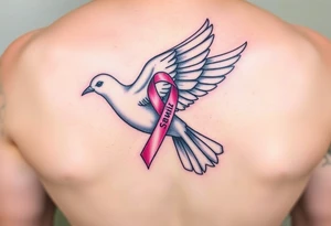 A dove carrying a breast cancer ribbon with the name Samia. tattoo idea