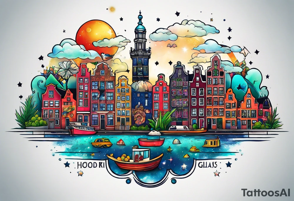 Animals featuring animals and featuring colours of the universe and galaxies and pineapples in amsterdam city featuring Amsterdam buildings and canal made of glass tattoo idea