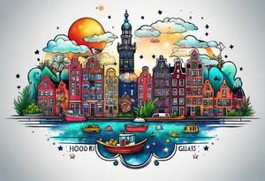 Animals featuring animals and featuring colours of the universe and galaxies and pineapples in amsterdam city featuring Amsterdam buildings and canal made of glass tattoo idea