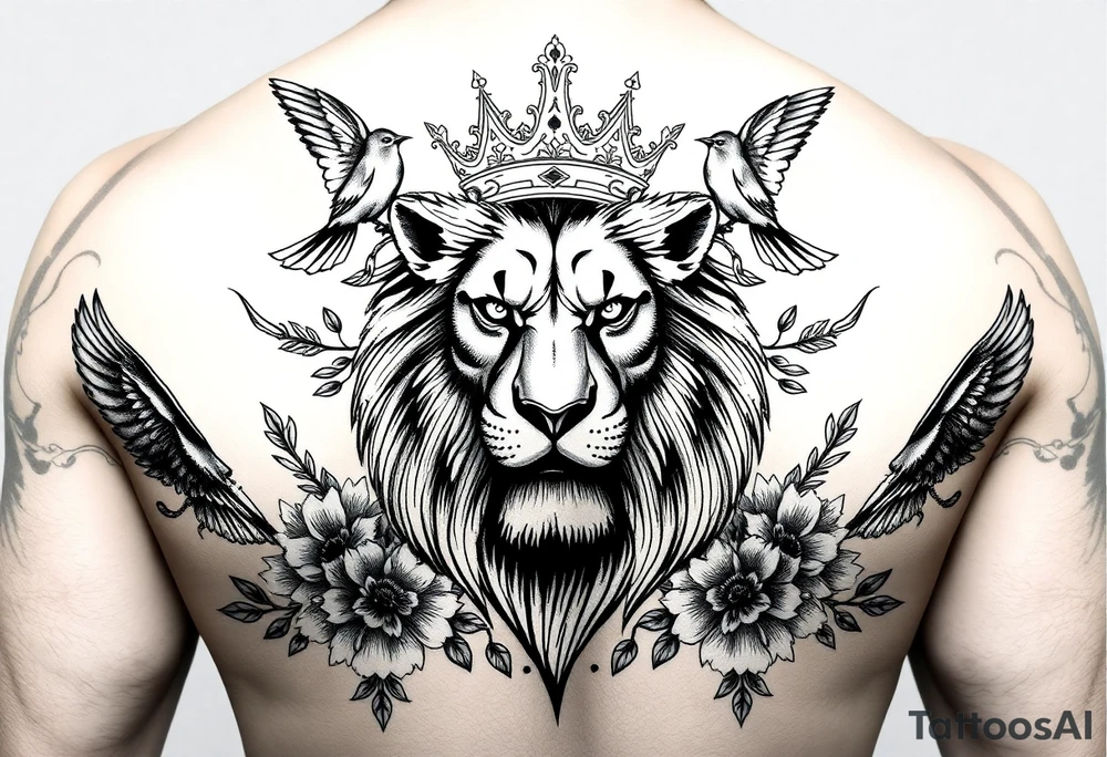powerful majestic lion with a crown, surrounded by floral ornaments and birds tattoo idea