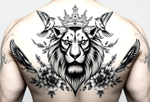powerful majestic lion with a crown, surrounded by floral ornaments and birds tattoo idea