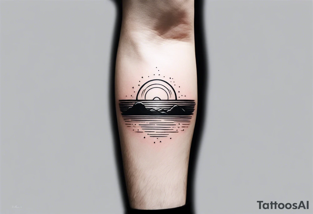 This is an extremely simple and minimalistic tattoo on forearm horizontally. From the perspective of being on the ocean, Water is calm, with no waves in sight, the sun is setting behind the ocean, reflecting light onto the ocean. tattoo idea