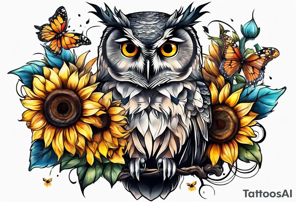 Sleeve with owl, sunflower and butterfly tattoo idea