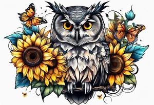 Sleeve with owl, sunflower and butterfly tattoo idea